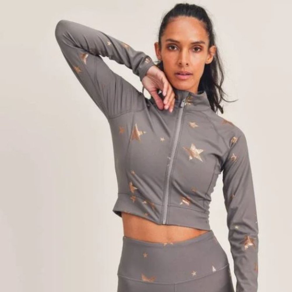 NWOT Mono B Shine Like A Star Zip Up Workout Jacket Grey with Gold Stars - Picture 2 of 6